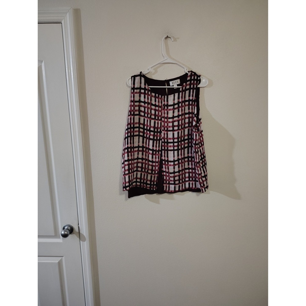 Elle Womens Sleeveless Plaid Blouse Pink Burgundy White Grid Top Size M